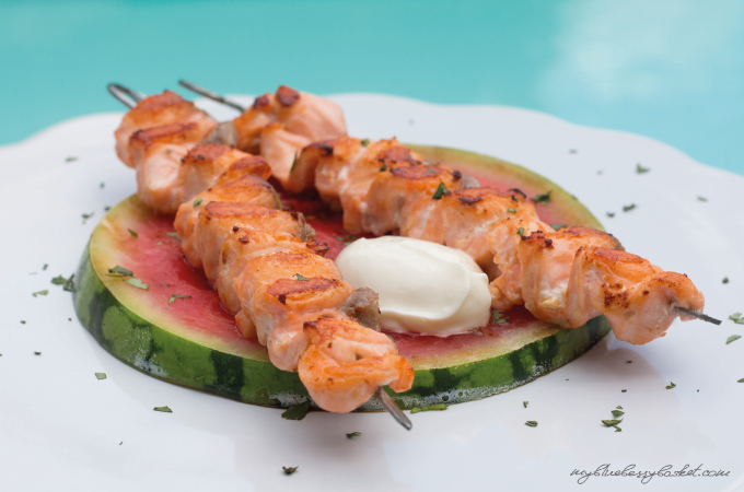 Grilled watermelon with salmon skewers