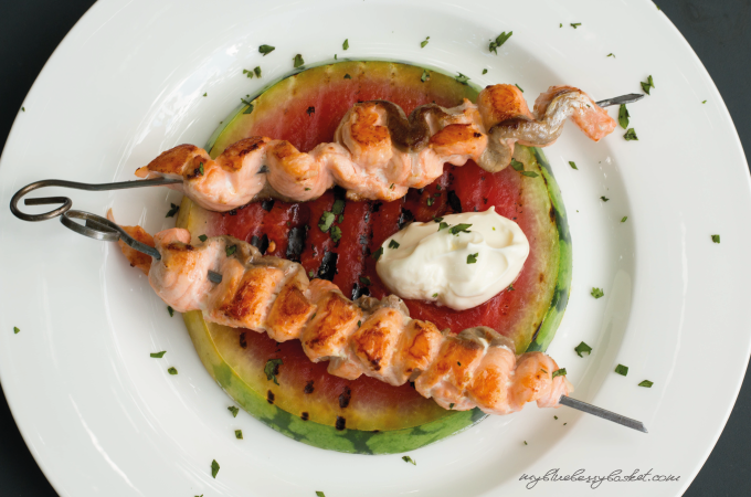 Grilled watermelon with salmon skewers