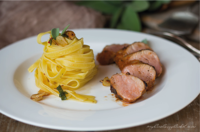 photo pasta with sage and pork filet