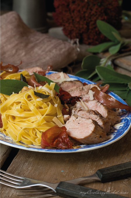 photo pasta with sage and pork filet