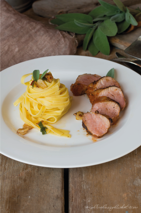 photo pasta with sage and pork filet