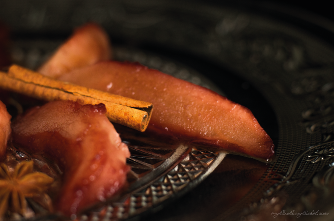 Caramelized red wine pears