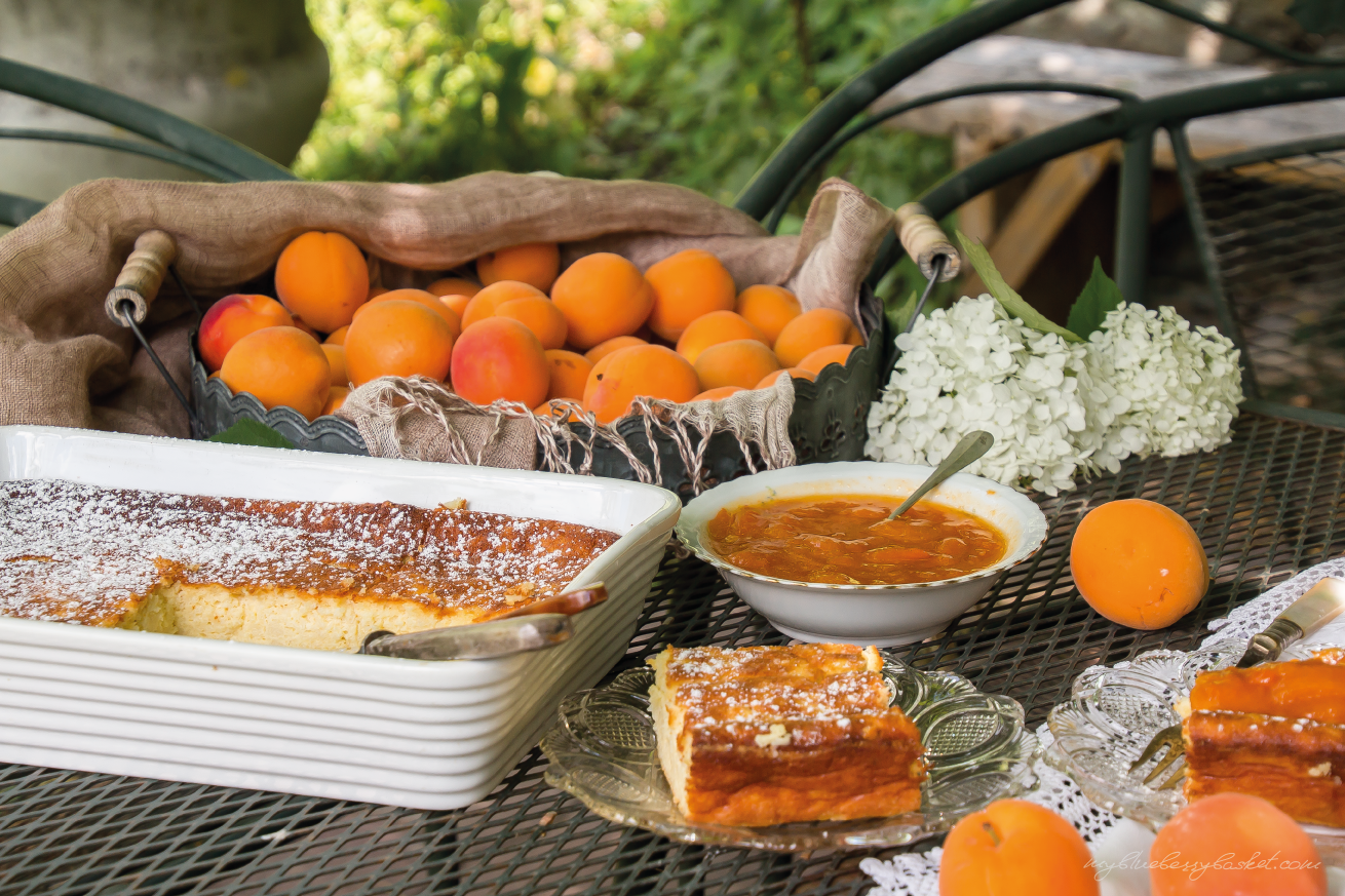 photo of curd cheese pudding with apricot preserve