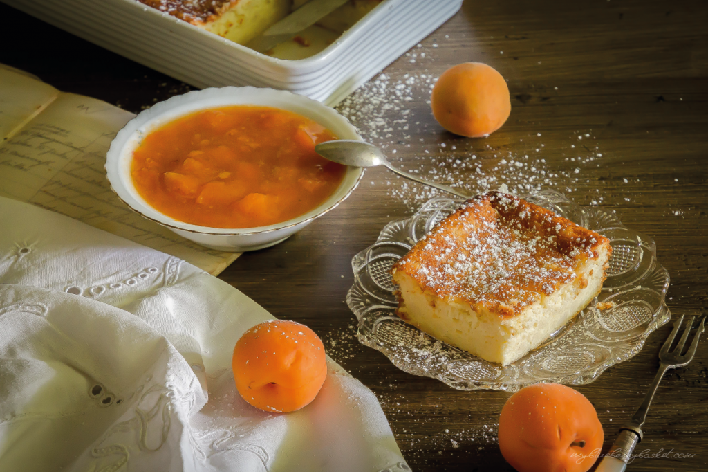 photo of curd cheese pudding with apricot preserve